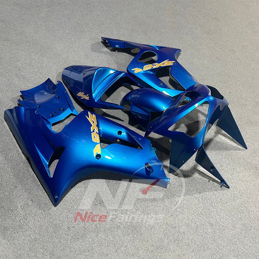 Kawasaki ZX6R 2003-2004 Deep blue panels with gold graphics - angled view