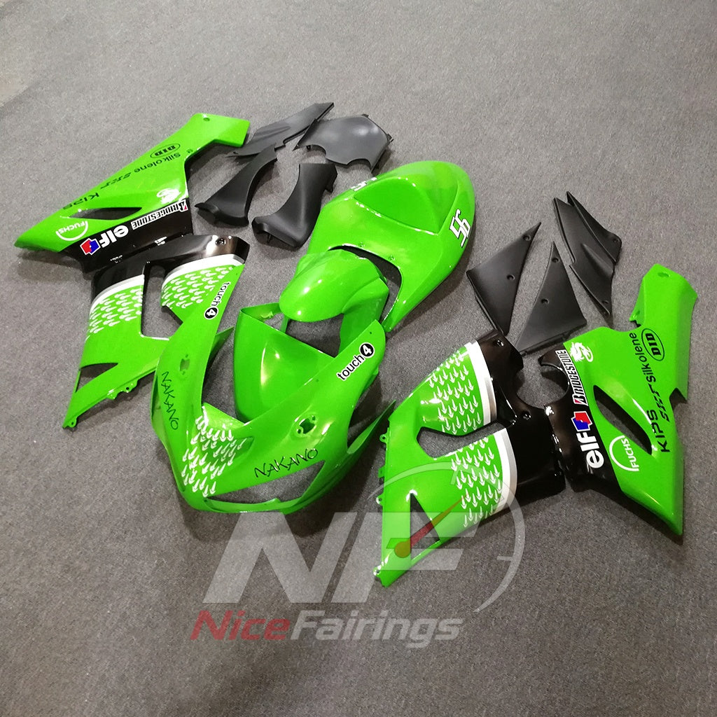 Kawasaki ZX6R 2005-2006 Green white patterned panels - angled view