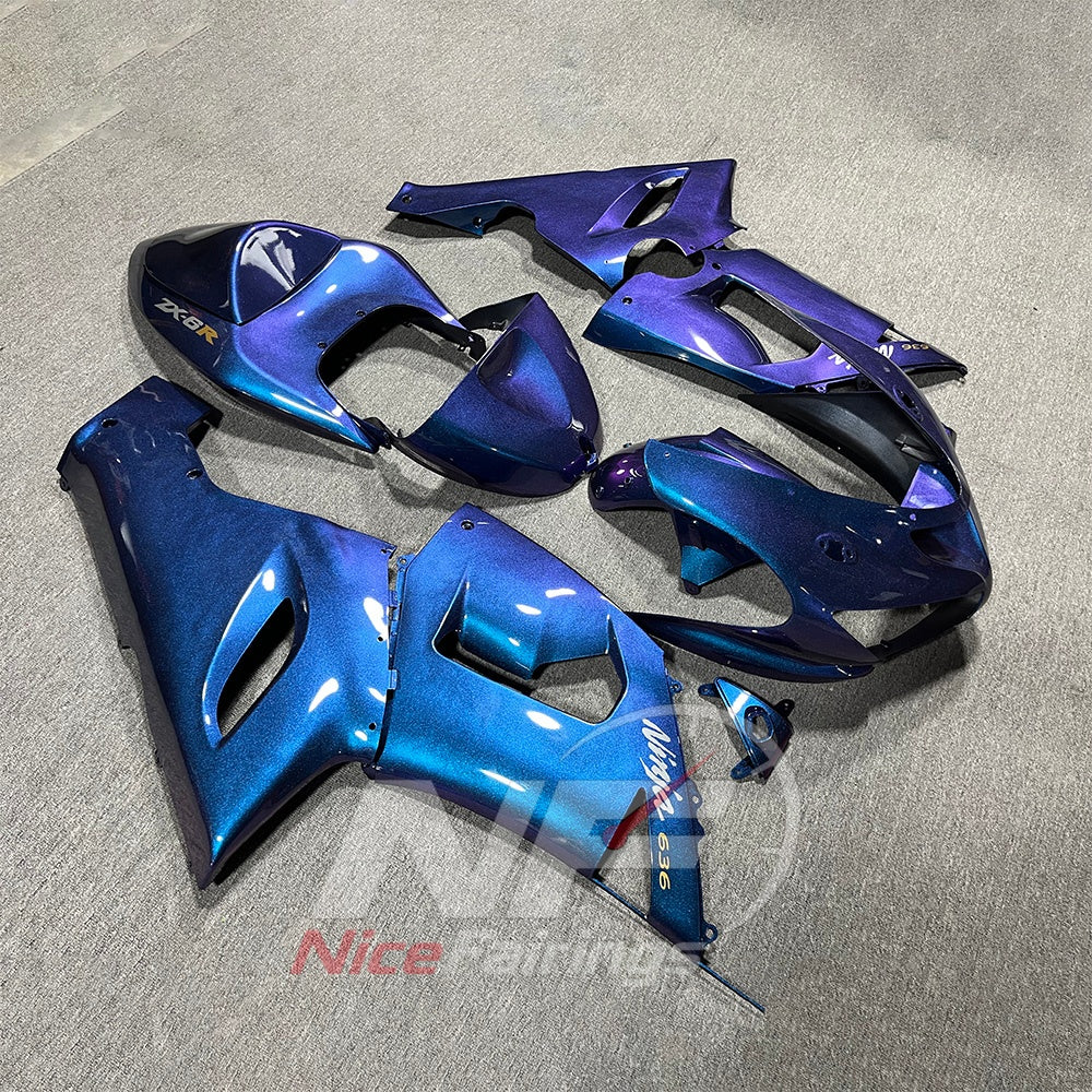 Kawasaki ZX6R 2005-2006 Blue purple shaded panels - angled view