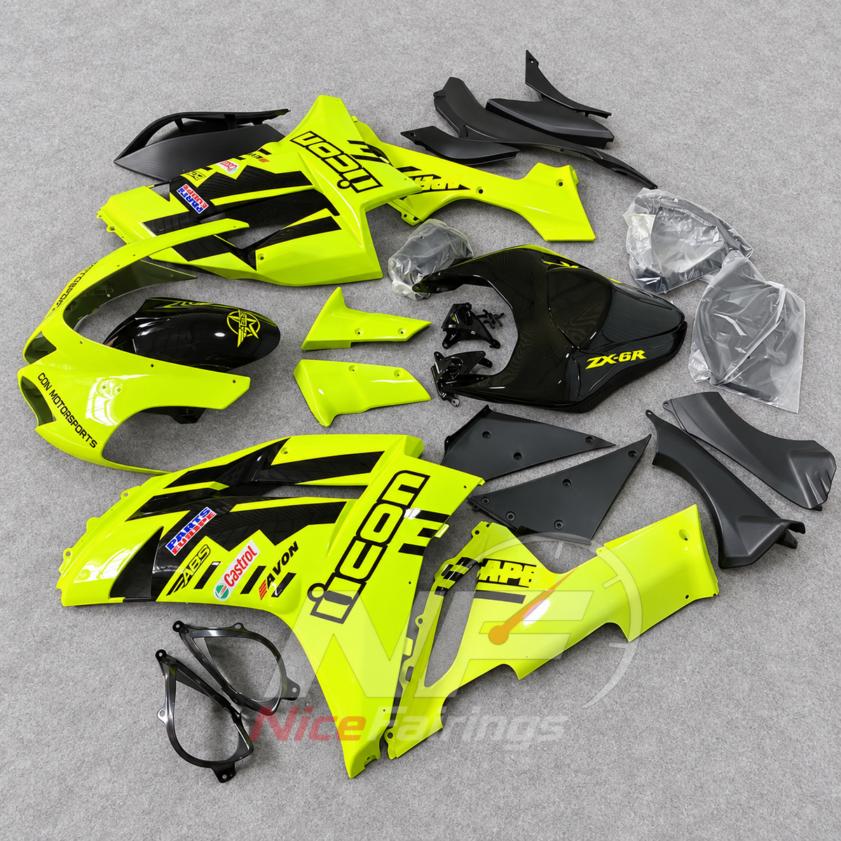 Kawasaki ZX6R 2007-2008 Yellow-black lettered layout - angled view