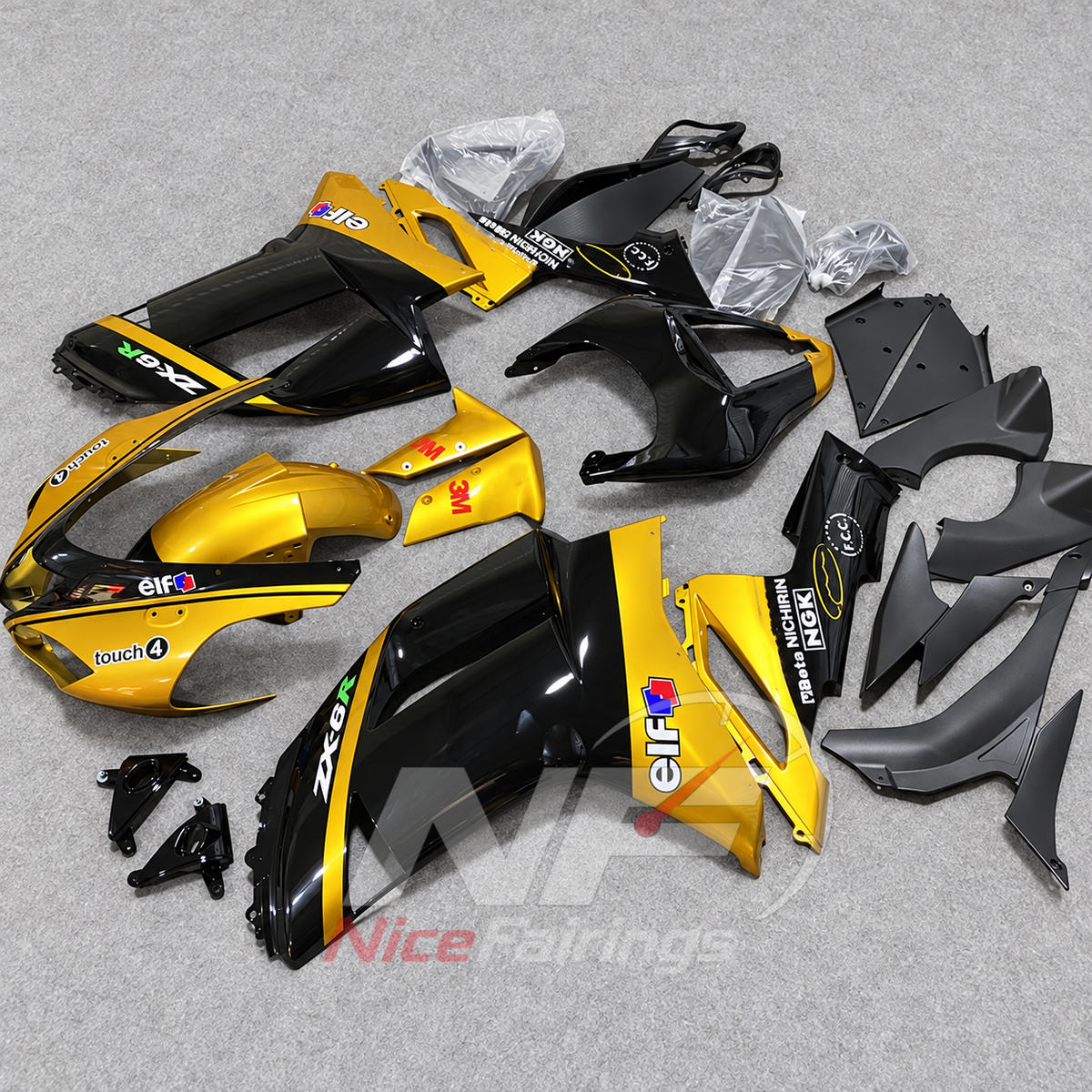 Kawasaki ZX6R 2007-2008 Gold-black printed panels - angled view