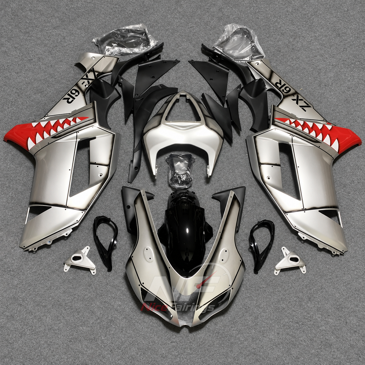 Kawasaki ZX6R 2007-2008 Silver shark-mouth layout - front view