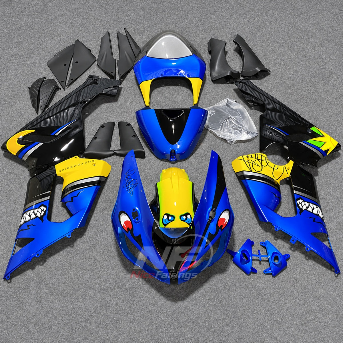 Kawasaki ZX6R 2005-2006 Blue-yellow illustrated panels - front view