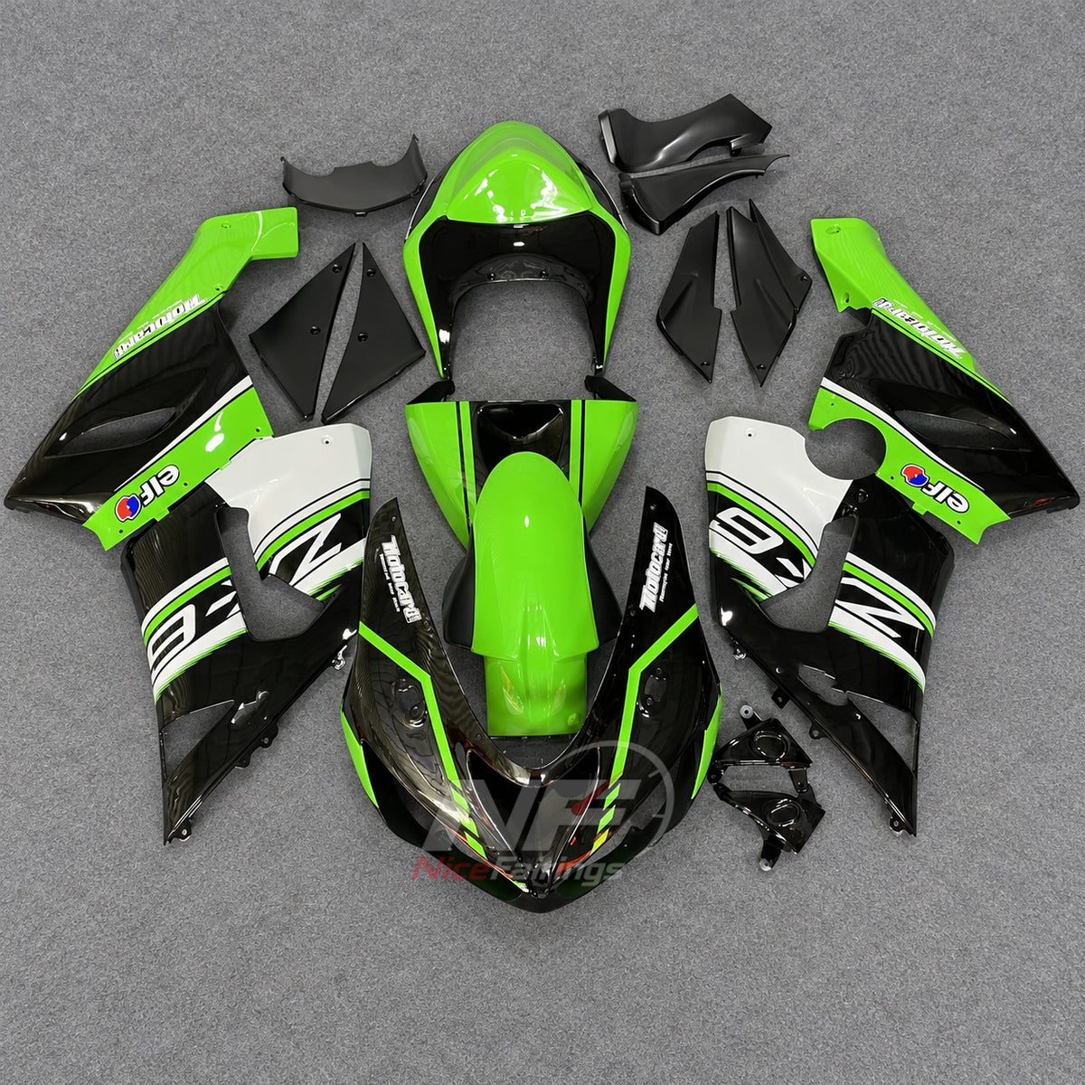 Kawasaki ZX6R 2005-2006 Green black number panels - front view