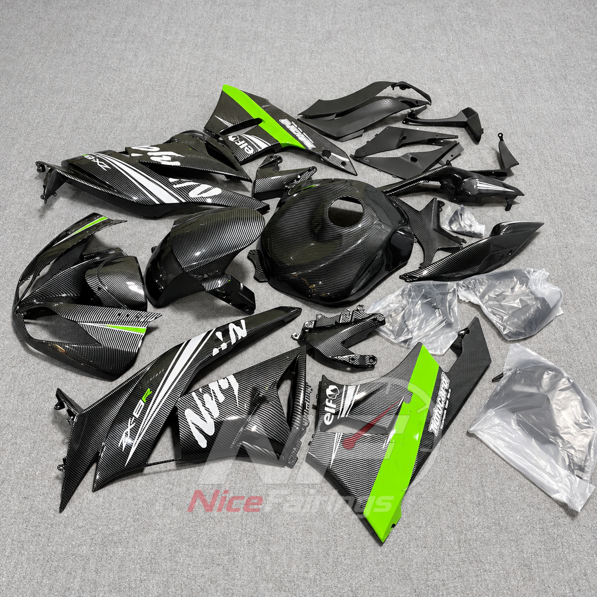 ABS Plastic Fairing Kit Fits 2009-2012 KAWASAKI ZX6R - Carbon Fiber Look Bodywork | NiceFairings - front angle image