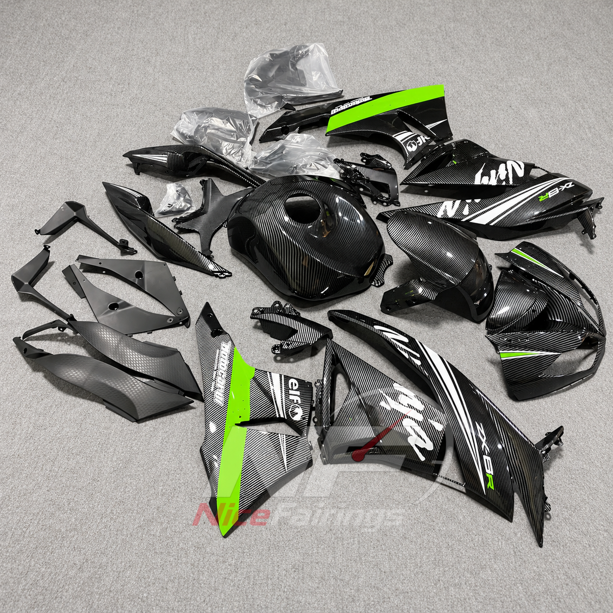 ABS Plastic Fairing Kit Fits 2009-2012 KAWASAKI ZX6R - Carbon Fiber Look Bodywork | NiceFairings - side angle image