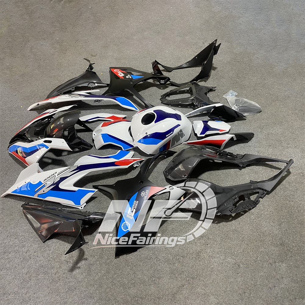For BMW S1000RR 2019-2022 Blue White Premium Edition ABS Fairing Kit, Custom Painted Motorcycle Bodywork | NiceFairings - front angle image