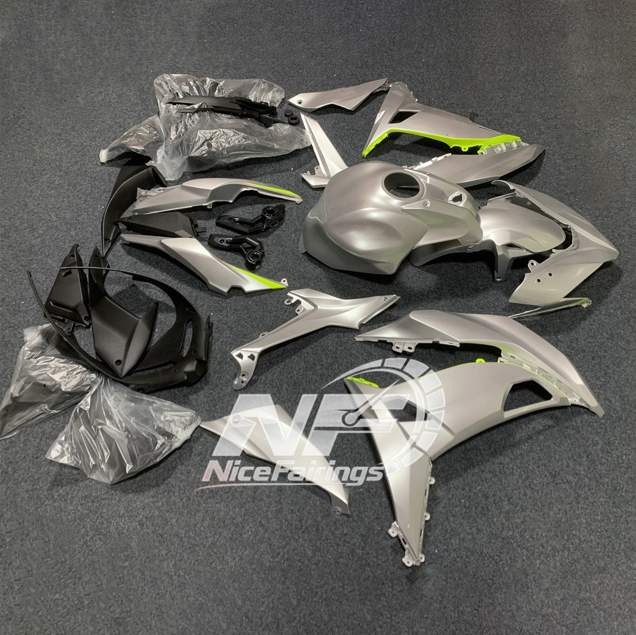 Ninja 650 ER-6F 2017-2019 Replacement Fairing Set graphite grey tank-cover | NiceFairings - front angle image
