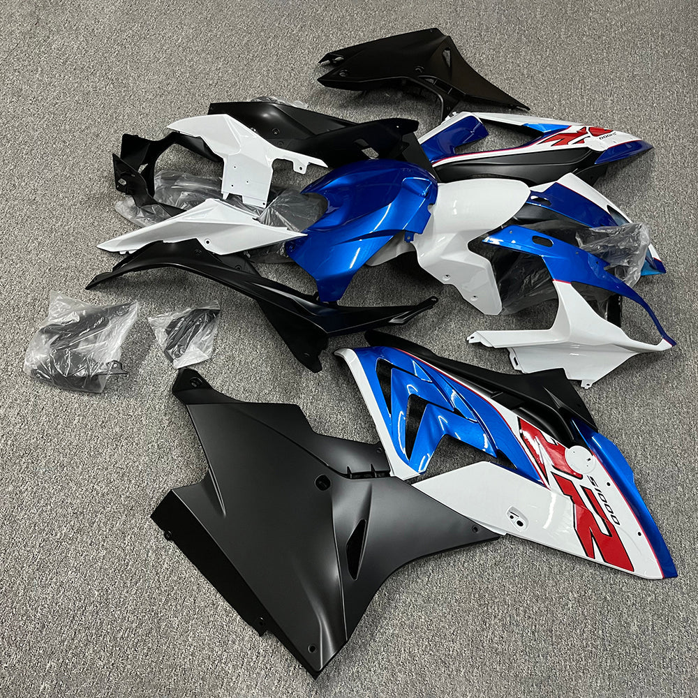 For BMW S1000RR 2017-2018 Blue White Standard No Tank Cover ABS Fairing Kit, Custom Painted Motorcycle Bodywork | NiceFairings - front angle image