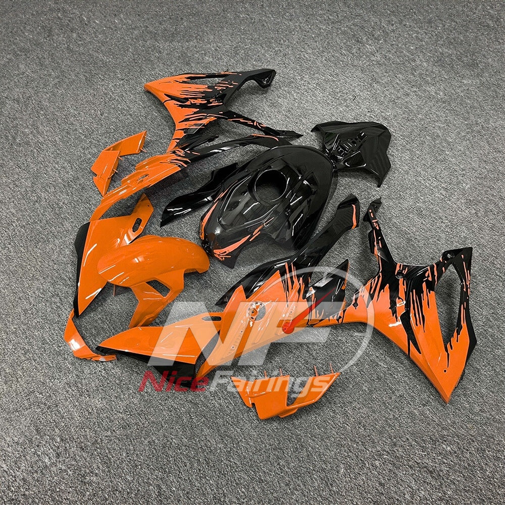 For BMW S1000RR 2023-2024 Orange Black Sportbike Fairing Set with Custom Painted Plastics | NiceFairings - front angle image