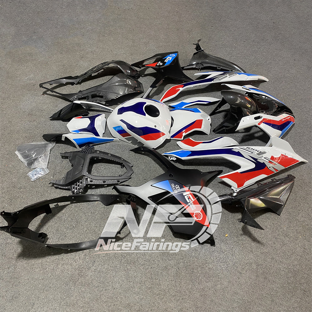 For BMW S1000RR 2019-2022 Blue White Premium Edition ABS Fairing Kit, Custom Painted Motorcycle Bodywork | NiceFairings - rear angle image
