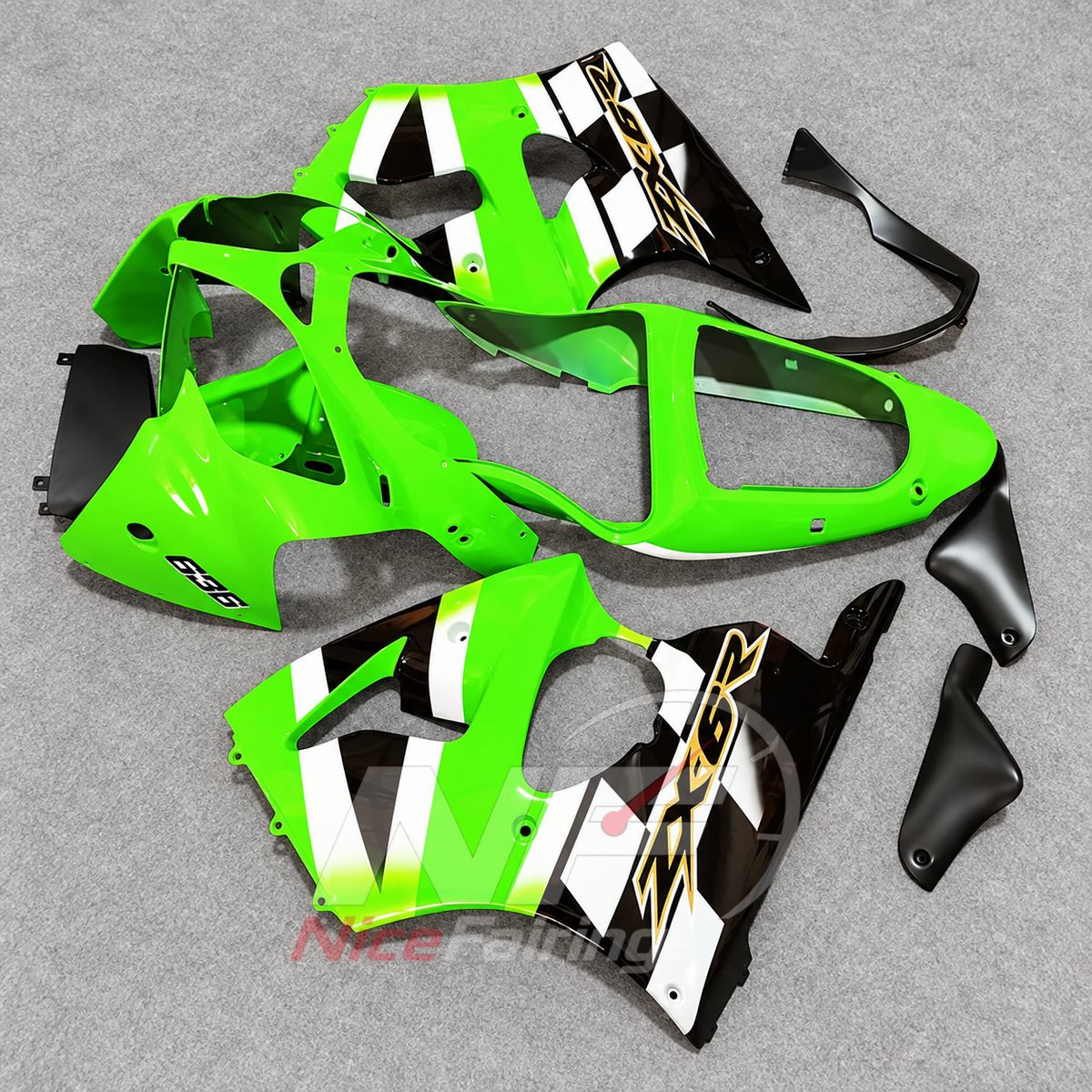 Kawasaki ZX6R 2000-2002 Green white race-number panels - angled view