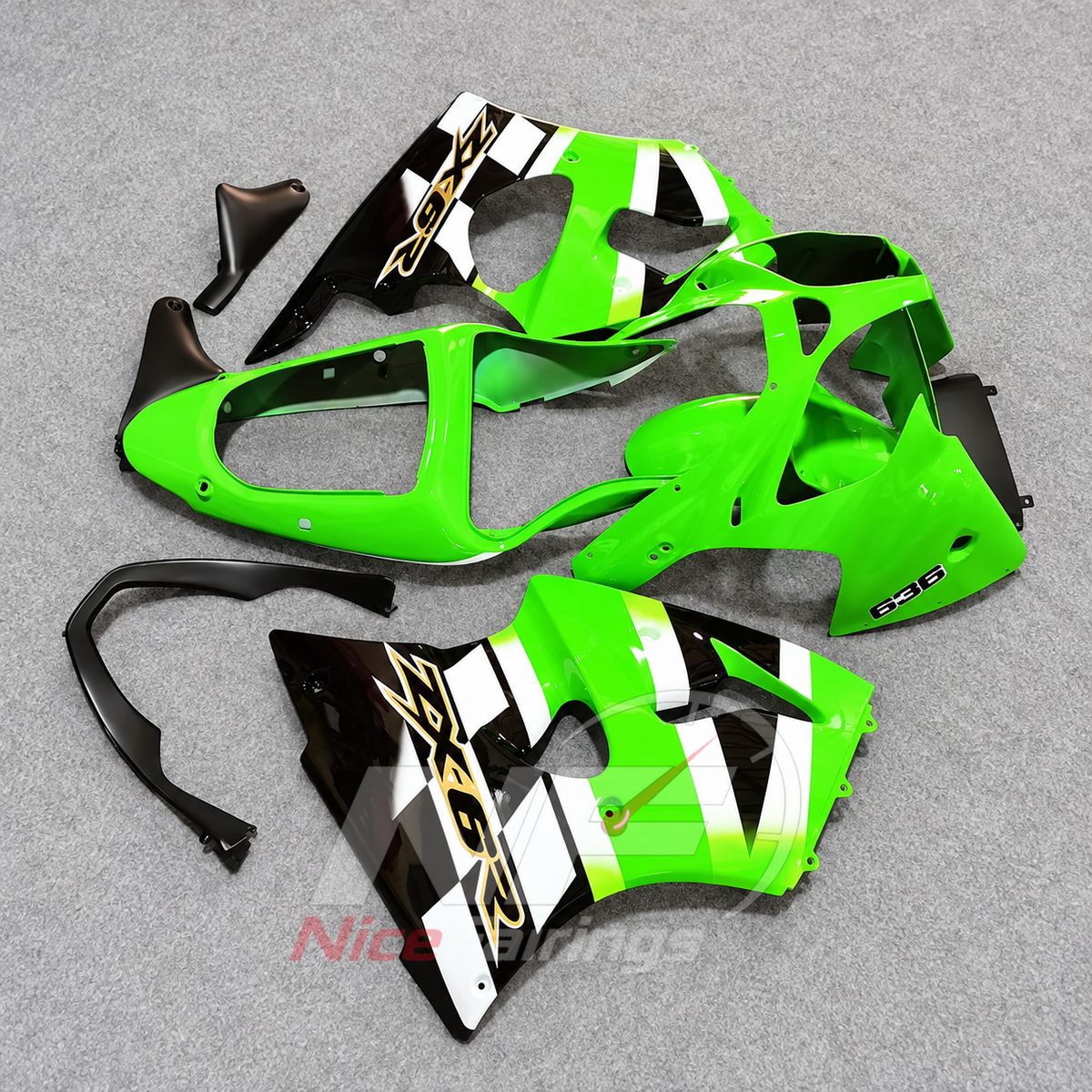 Kawasaki ZX6R 2000-2002 Green white race-number panels - angled view
