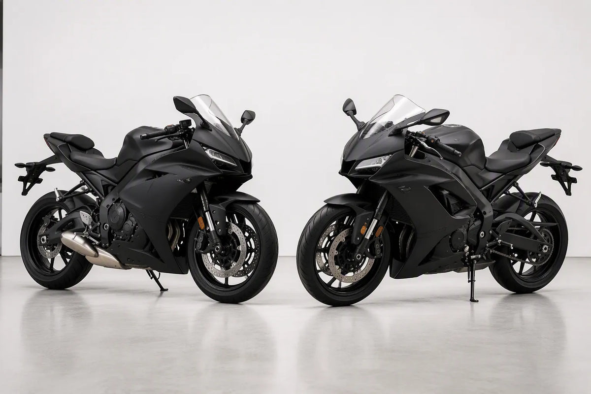 QC AI editorial concept of two sport motorcycles; not an exact 2025 and 2026 Yamaha comparison.