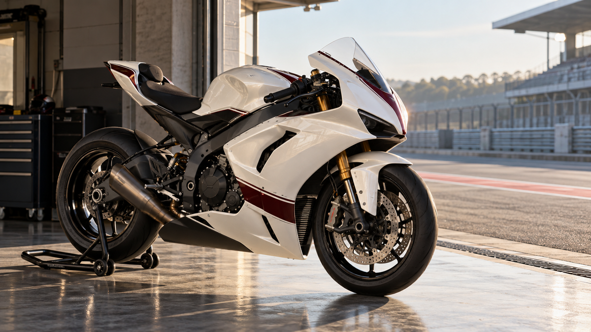 AI-generated design concept: a pearl-white sport motorcycle in a track garage; not an official Aprilia or Misano event photograph.
