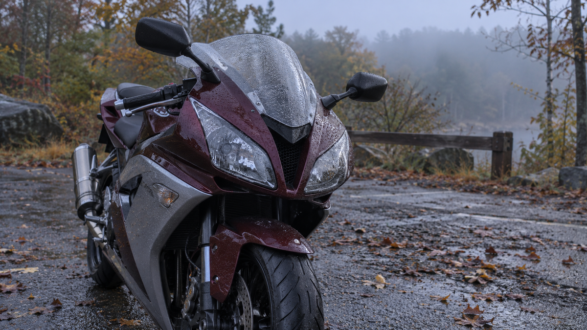 AI editorial concept of a fully faired sportbike front cowl and dual headlights at a damp autumn roadside turnout