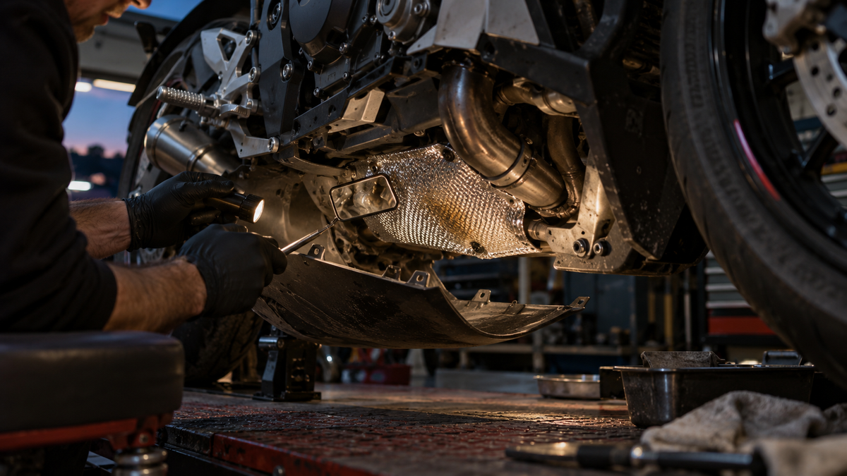 AI editorial concept of a mechanic inspecting exhaust shielding behind a loosened sportbike belly pan in a workshop