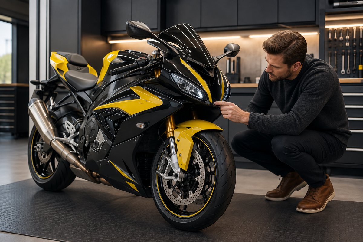 Illustrative black and yellow litre-class sport motorcycle for an S1000RR fairing checklist