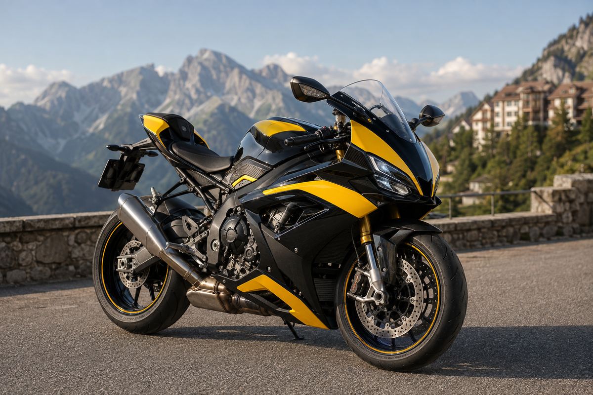 Black and yellow litre-class supersport motorcycle at a mountain overlook