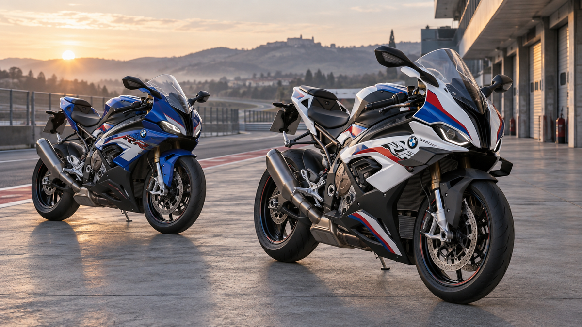 AI editorial illustration of two BMW-style S1000RR sport motorcycles viewed from a matching three-quarter angle in an outdoor paddock; verify exact model-year details separately.
