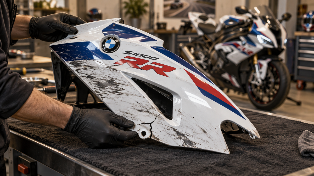 AI editorial illustration of gloved hands inspecting scratches and a crack in a white, blue and red S1000RR-style side fairing on a padded workshop bench.