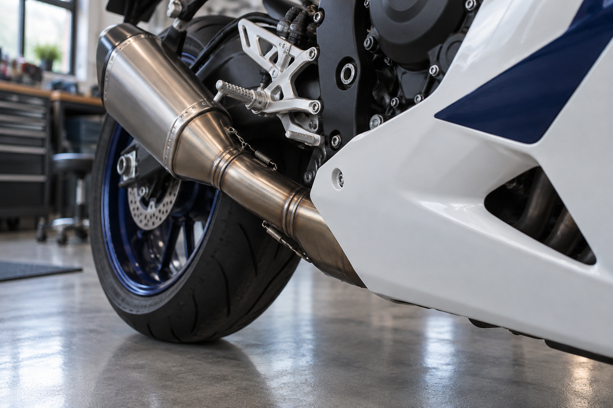 AI editorial illustration for BMW S1000RR Replacement Fairings with an Aftermarket Exhaust: Checks Before Ordering. Not a product or fitment photograph.