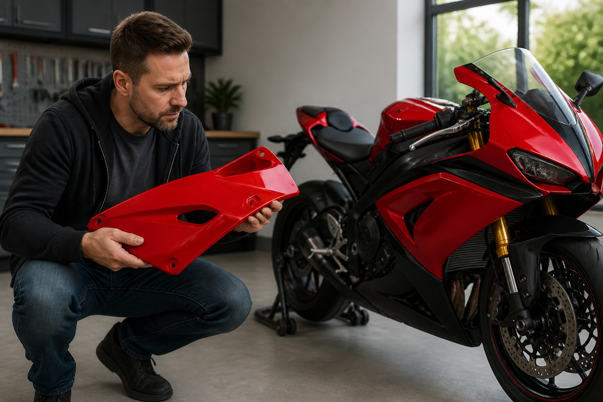 Western rider inspecting a red fairing panel beside a red supersport motorcycle