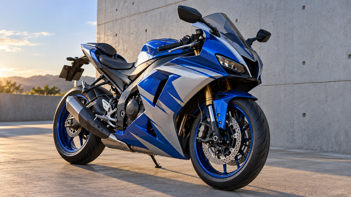 AI editorial illustration of a blue and silver sport motorcycle. Not a photograph of a supplied product.