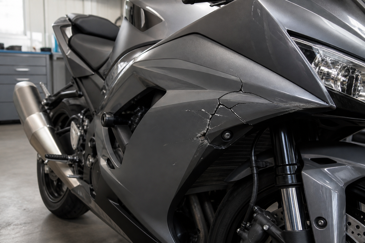 Cracked ABS motorcycle fairing beside a matching replacement panel