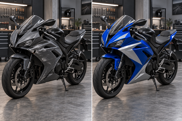 AI concept: a generic scuffed charcoal sportbike beside a blue and silver fairing makeover; not a real customer before-and-after.