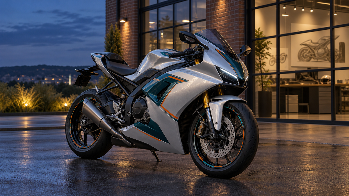 AI concept illustration of a complete silver and teal custom sport motorcycle outside a design studio