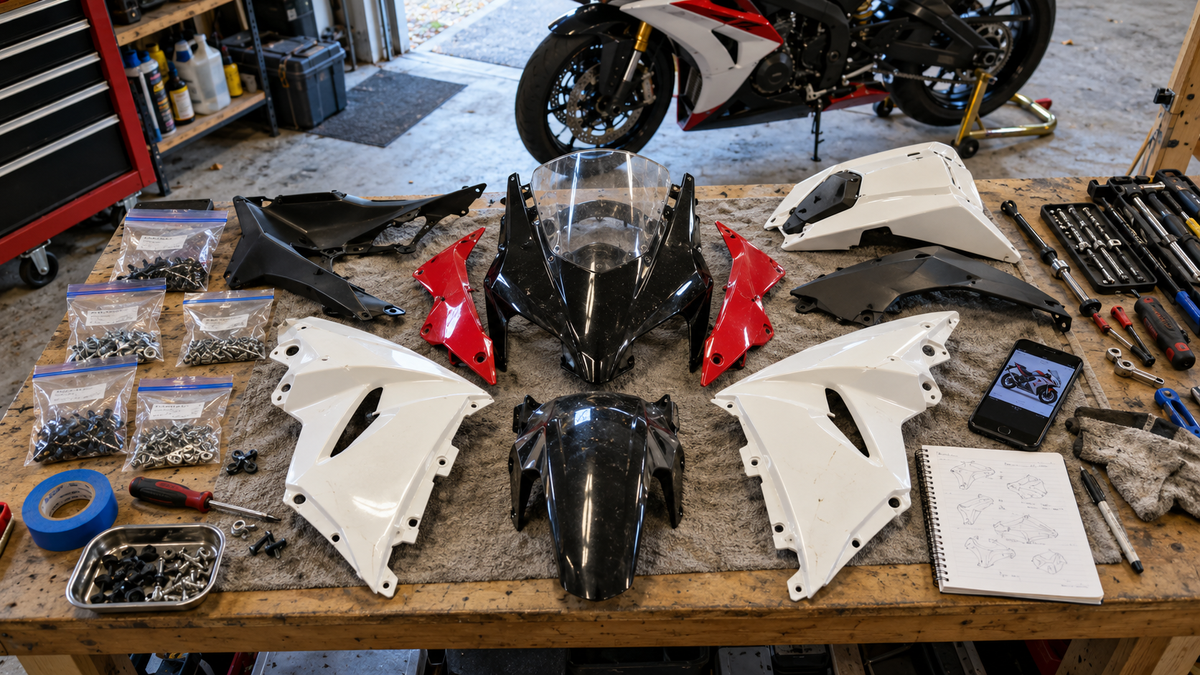 AI-generated overhead editorial concept of sportbike panels and organized hardware on a home-garage workbench; not a NiceFairings kit inventory or fitment proof