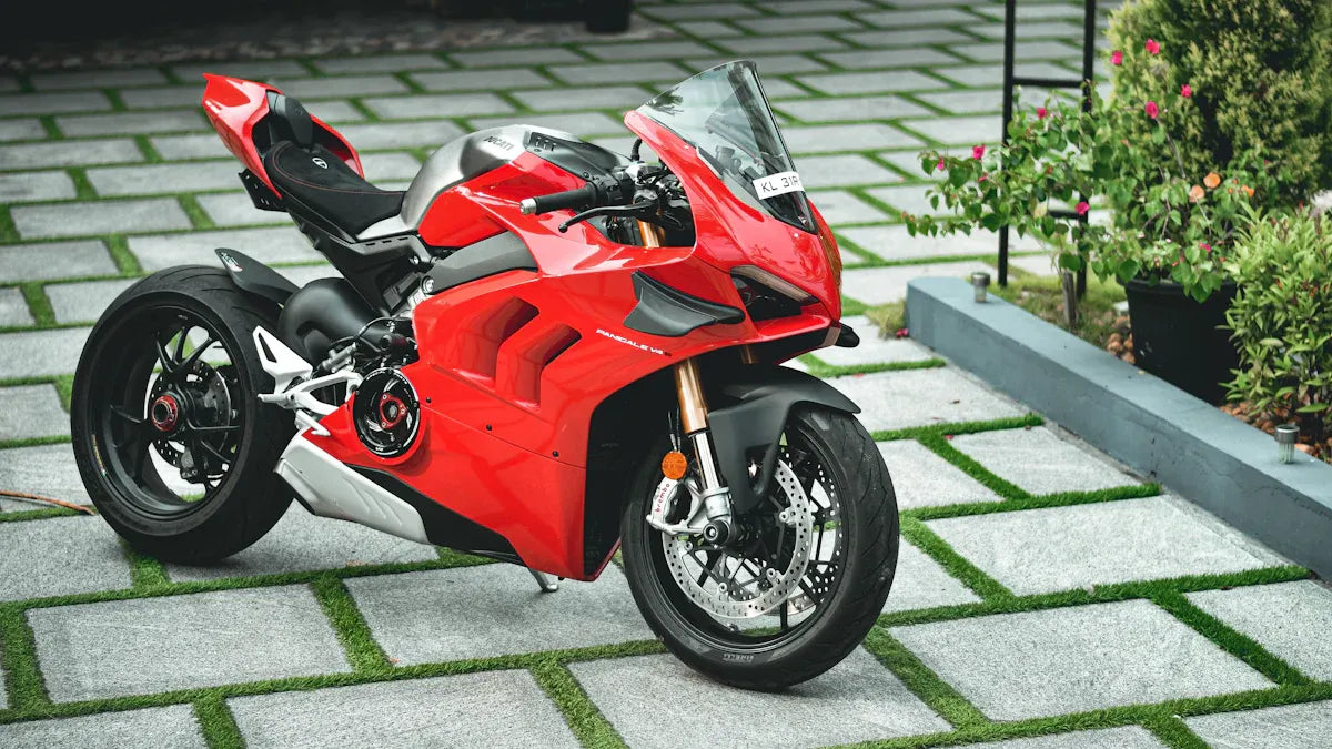 Complete red Ducati Panigale shown from the front three-quarter angle