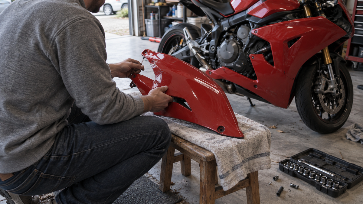 AI illustration of an owner examining a red side panel in a home garage; not an actual Ducati kit photograph.