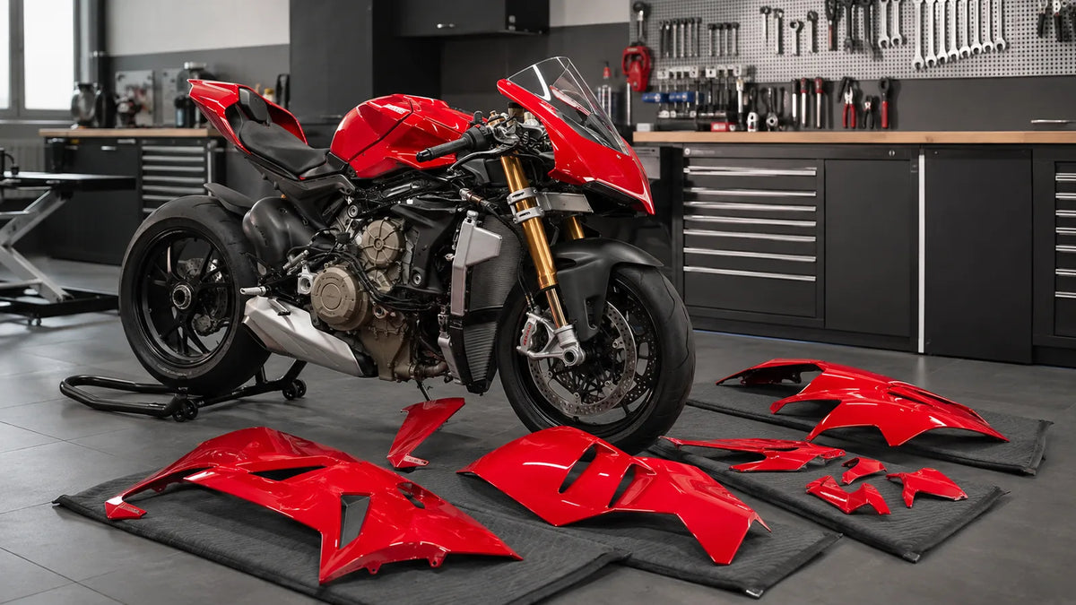 Red Ducati Panigale V4 style motorcycle prepared for fairing replacement