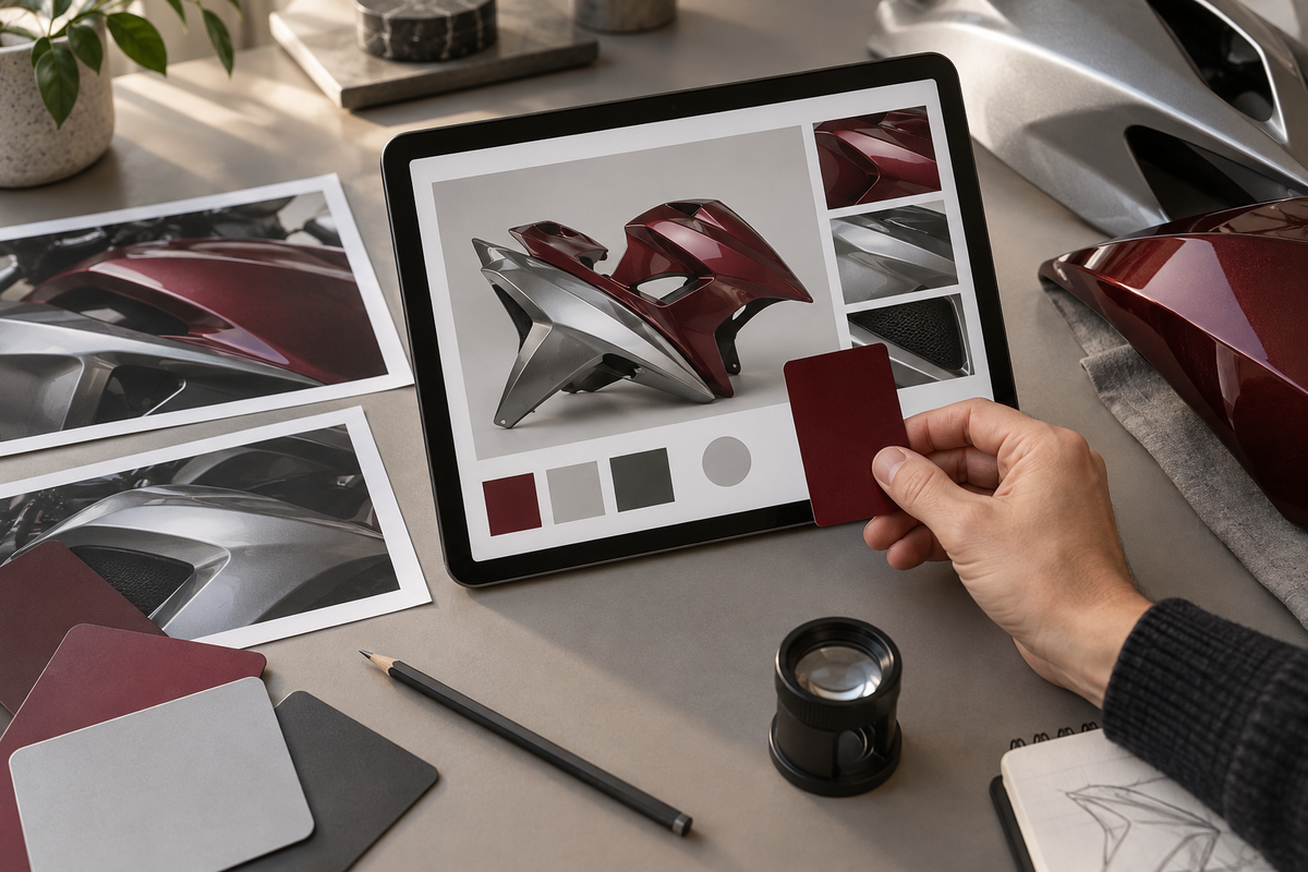 Editorial illustration of a buyer comparing finished burgundy and silver motorcycle fairing photos with color samples; not an actual order or product.
