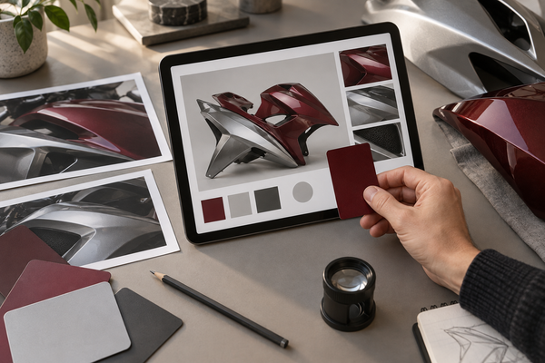 Editorial illustration of a buyer comparing finished burgundy and silver motorcycle fairing photos with color samples; not an actual order or product.