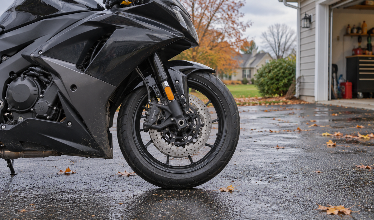 AI editorial concept of a parked fully faired sportbike front wheel, tire and painted fender outdoors in autumn; not a clearance measurement