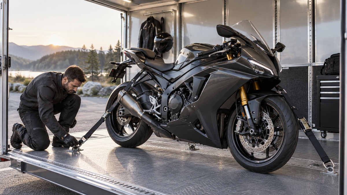 Complete dark gray fully faired sportbike being secured inside a clean enclosed trailer