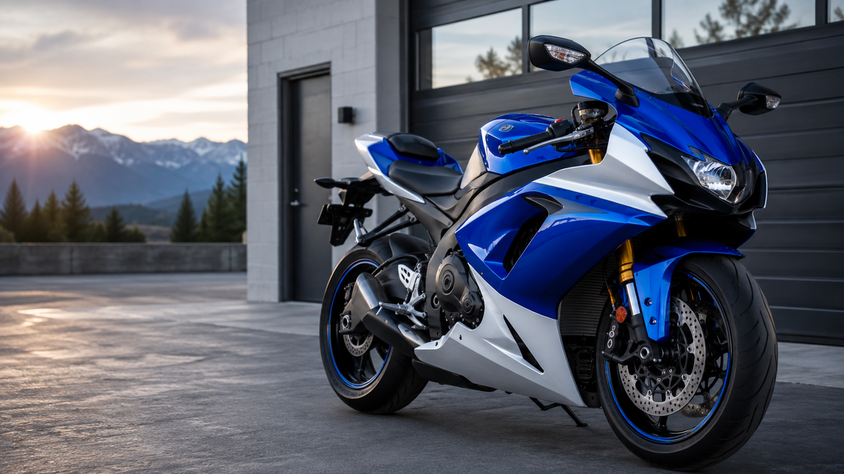 Blue and white modern Suzuki GSX-R1000 style street bike with full fairings