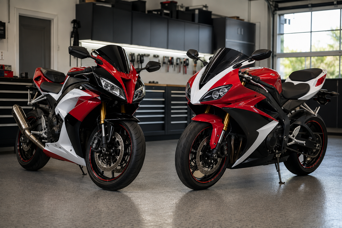 Two red and white CBR1000RR style sportbikes from different design generations in a workshop