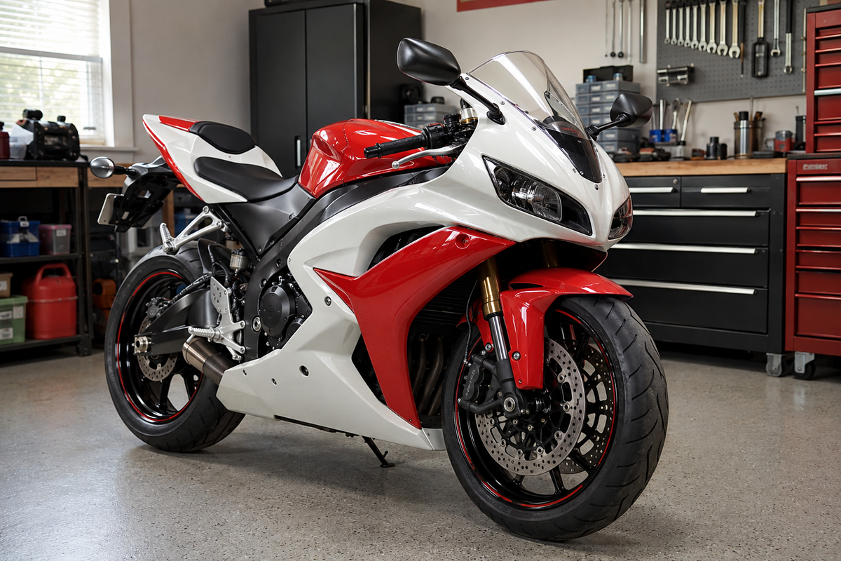 Red and white CBR600RR style sportbike with installed fairings in a clean workshop