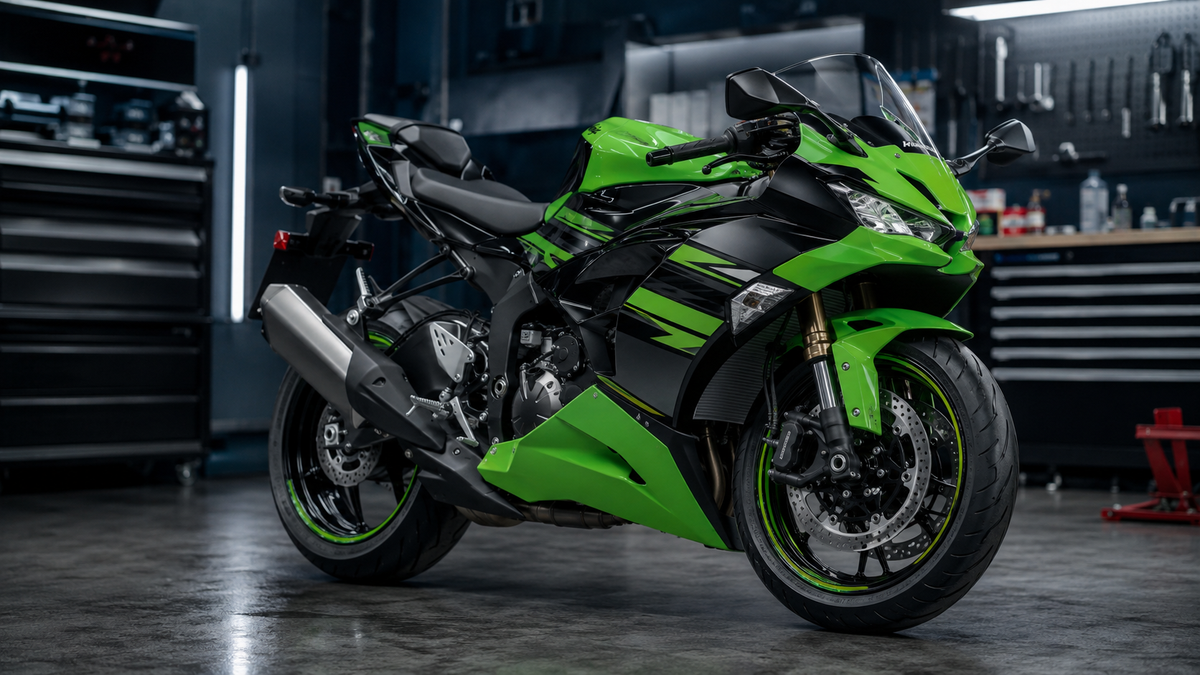 Green and black 2019-2023 generation ZX-6R style sportbike in a modern workshop
