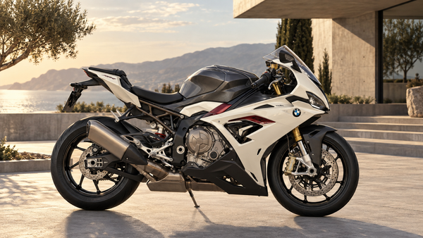 AI color concept of a BMW-inspired sportbike with dark tank-area finish, ivory fairings and burgundy accents; not a product photograph