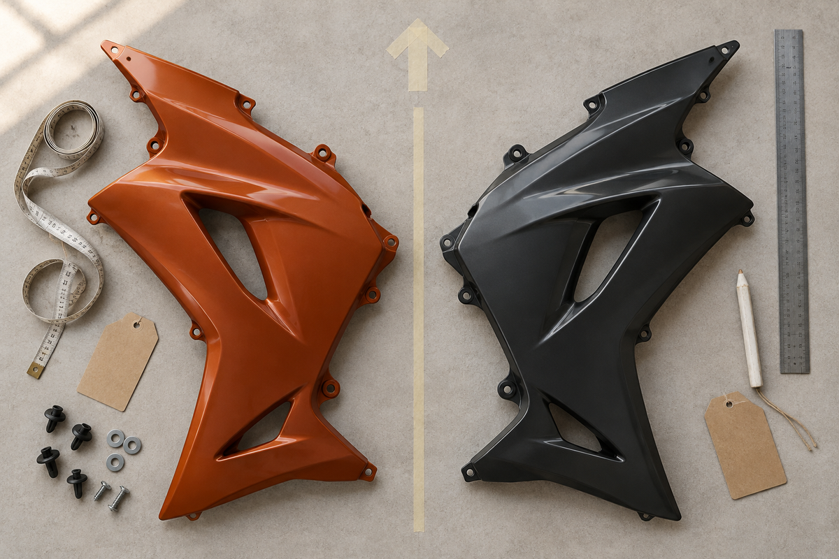 Overhead editorial illustration of contrasting detached motorcycle fairing panels arranged for left-right identification; not actual products.