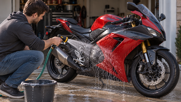 Rider gently rinsing a red and charcoal fully faired sport motorcycle with a low-pressure garden hose on a wet driveway