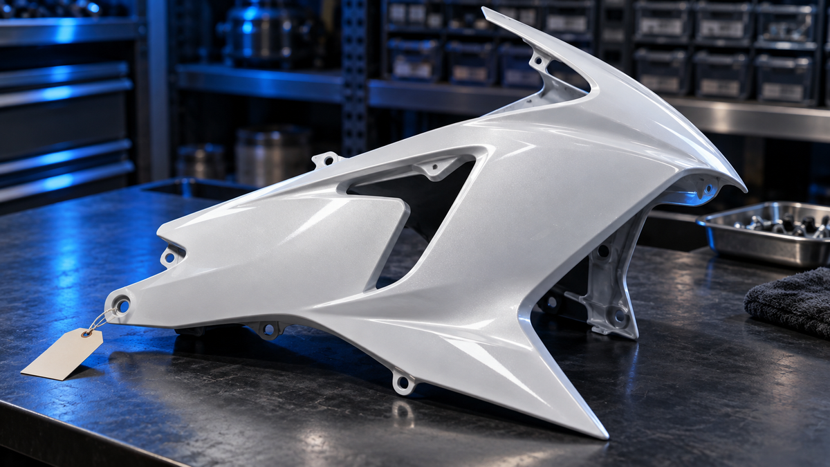 AI editorial illustration of a pearl-white fairing panel with an unprinted tag on an inspection desk.