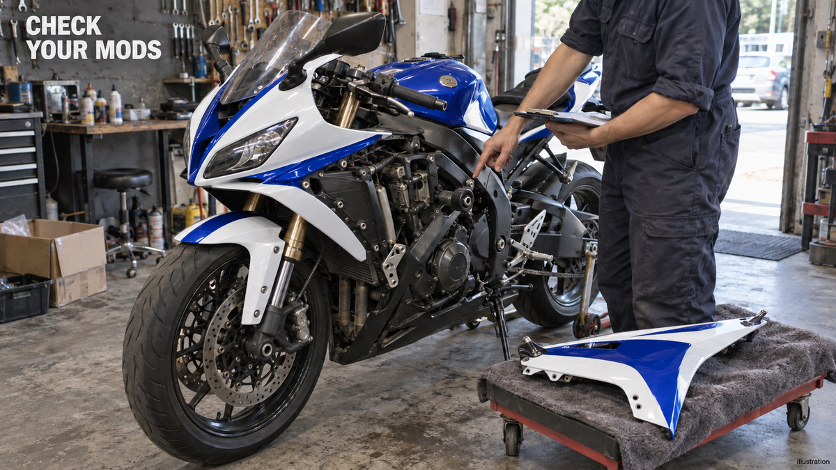 AI illustration of a mechanic checking a white and blue sportbike beside its removed matching fairing in a repair workshop