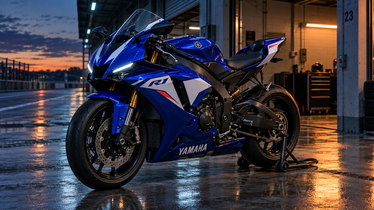AI custom-paint editorial concept of a blue-and-white Yamaha R1-style motorcycle in a twilight pit garage, not a 2027 MotoGP prototype.