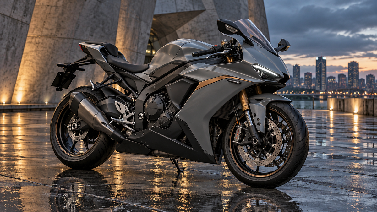 Editorial concept of a complete battleship-grey sport motorcycle with satin black lower fairings in a wet concrete plaza